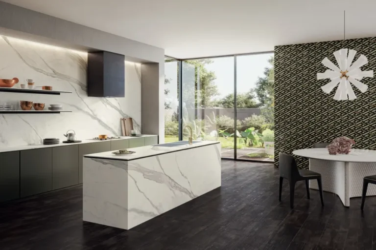 Modern kitchen with porcelain slab waterfall island and countertops