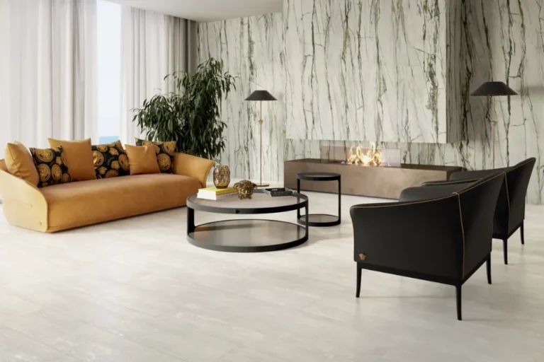 Living room with porcelain slab fireplace feature wall and porcelain tile floor