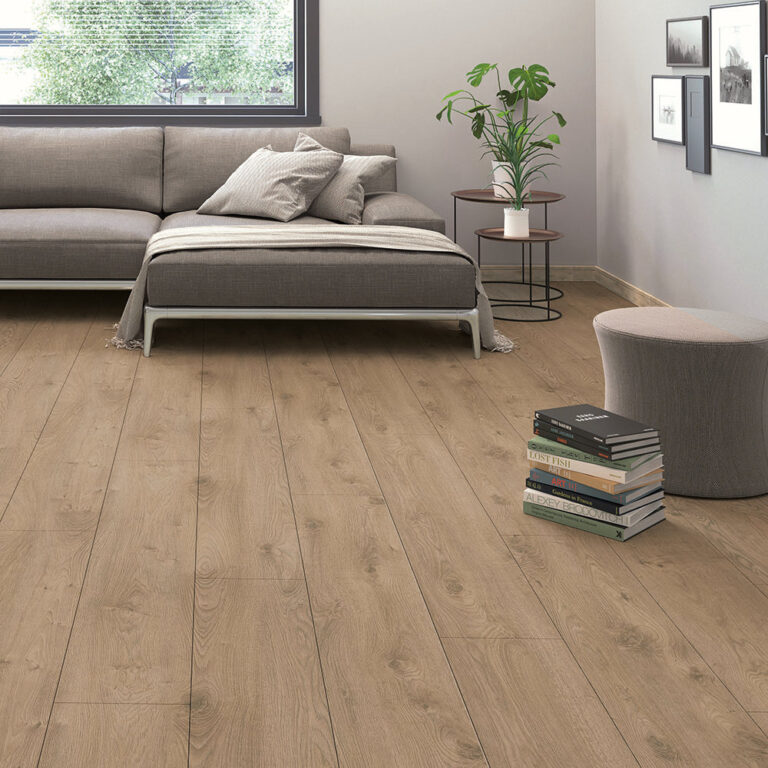 Waterproof laminate flooring in Teton Teak, Parkay Endurance 14 collection, in a living room setting