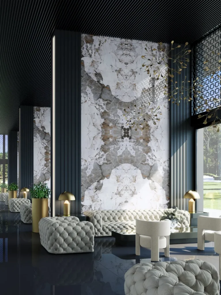 Bookmatched Patagonia-look porcelain slab feature wall — porcelain slabs vs natural stone