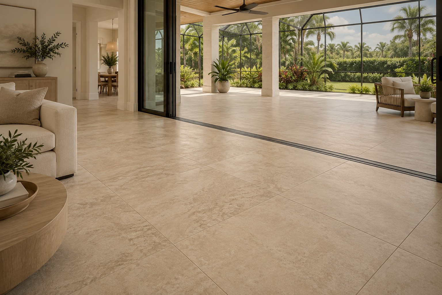 Large-format porcelain floor tile running from living room through sliding doors onto a screened lanai
