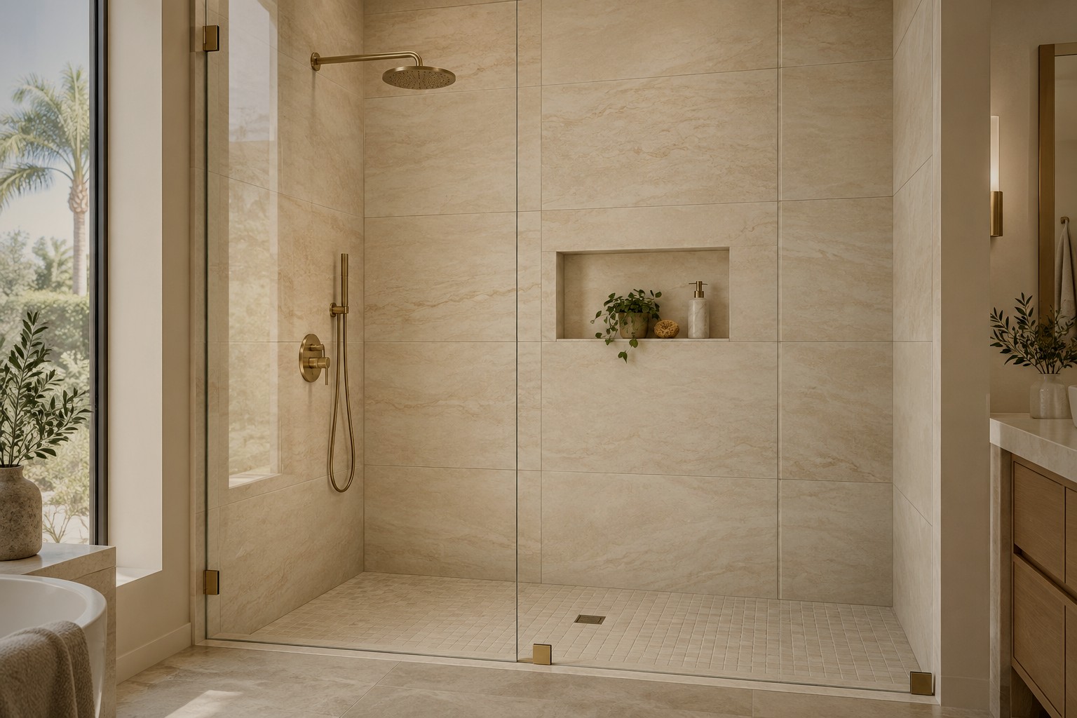 Large-format porcelain tile shower wall with built-in niche