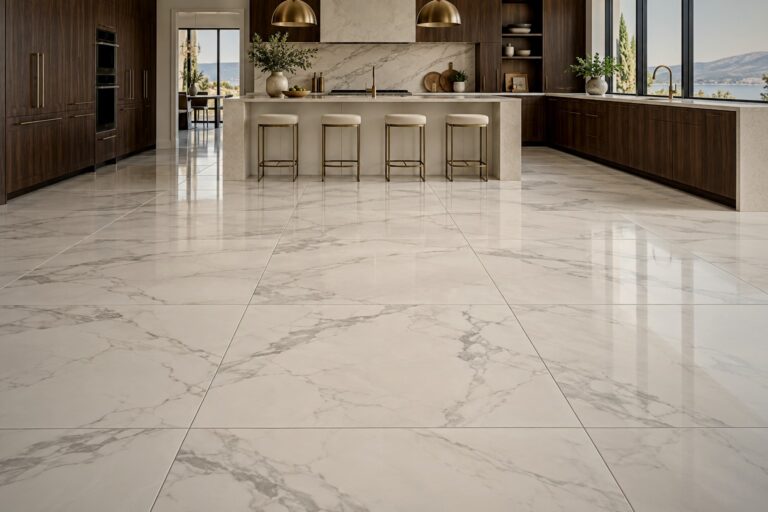 Large-format marble-look porcelain floor tile in a Tampa kitchen