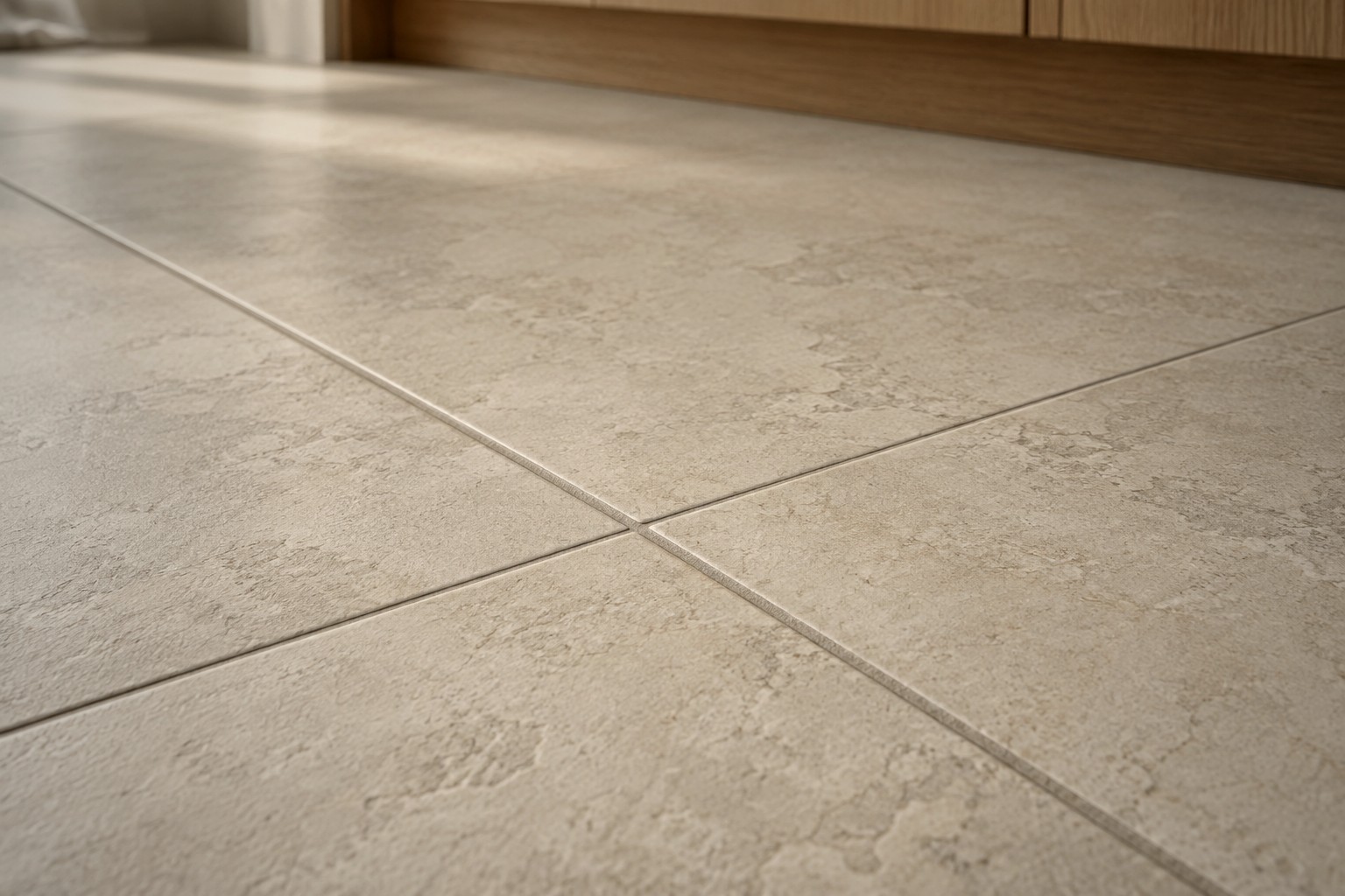 Close-up of matte porcelain floor tile and grout lines in a kitchen