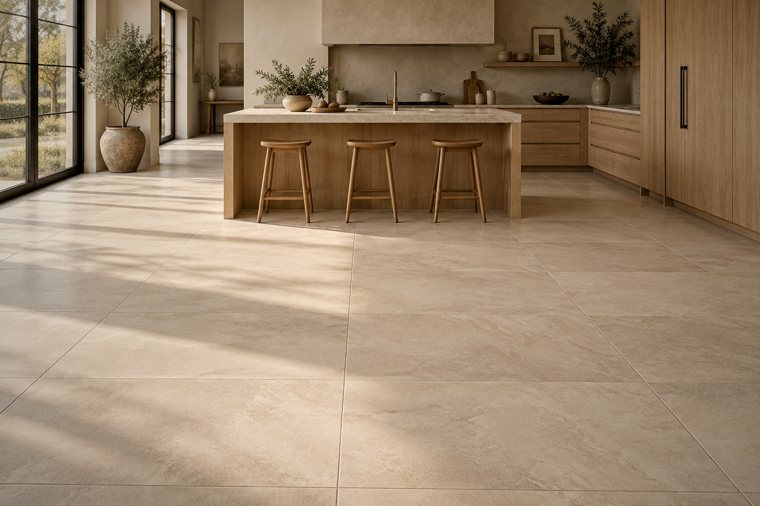 Stone-look porcelain floor tile in a warm, minimal kitchen