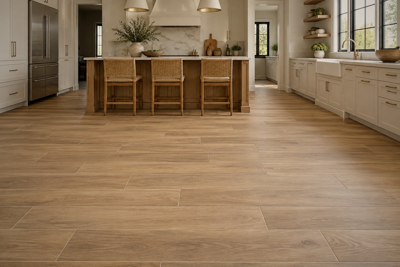 Wood-look porcelain plank flooring in a bright kitchen