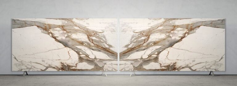 Bookmatched large-format porcelain slabs with dramatic marble-look veining, displayed in a Tampa showroom