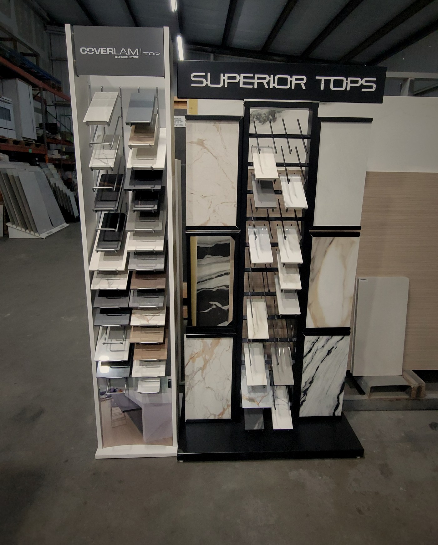 Porcelain slab and countertop samples on display at Floor Center of Tampa Bay
